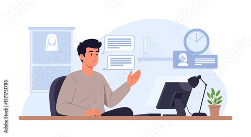 Man Attending Virtual Meeting At Computer In Home Office Illustration