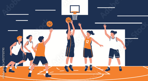 Dynamic Basketball Team Engaged In Active Game On An Indoor Court Illustration