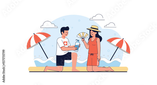 Refreshing Beach Day Scene With Woman And Man Offering Water Bottle