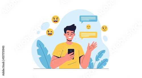 Man Communicating Through Phone With Emoticons And Chat Bubbles Around Him