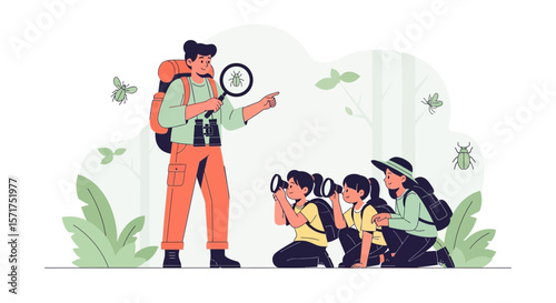 Educational Field Trip Guiding Children Observing Nature Outdoors With Exploration Tools