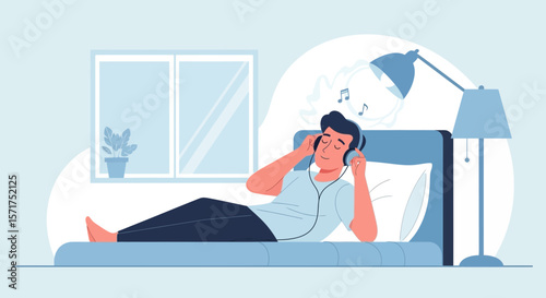 Relaxed Man Enjoying Music At Home In Bed Listening With Headphones