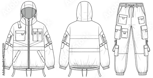 Technical utility jacket and cargo pants fashion flat sketch with multiple pockets, hoodie, drawstring, straps, detailed stitching, outdoor streetwear apparel design