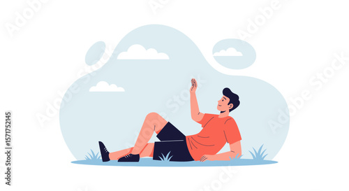 Relaxed Man Lying Down on Grass Enjoying Nature and Looking Up to Sky