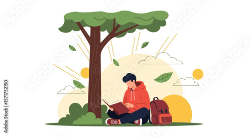 Boy Reading Book Under Tree Illustration Relaxing In Nature On Sunny Day