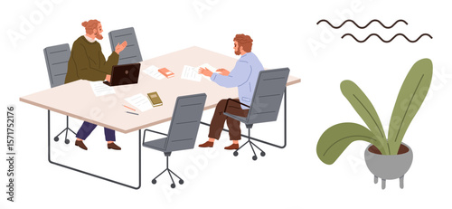 Two coworkers converse at a white meeting table with papers and a laptop. Nearby elements include a potted plant and decorative lines. Ideal for teamwork, collaboration, office culture