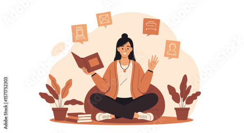 Relaxed Young Woman Meditating With a Book And Communication Icons on the Background