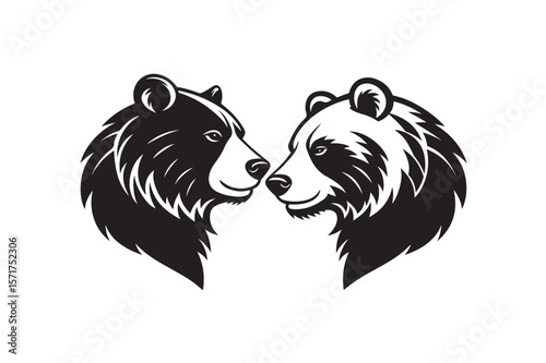 Bear Twin Head Vector Silhouette on white background.01