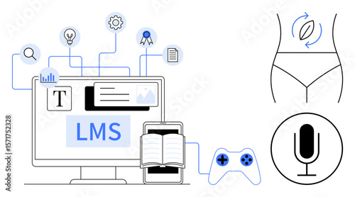 Computer screen with LMS, book, gaming controller, and wellness icons promoting e-learning, gamification, health tracking, and resource management. Ideal for education, wellness fitness