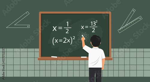 Boy Solving Mathematical Equations On Blackboard In Classroom Educational Setting