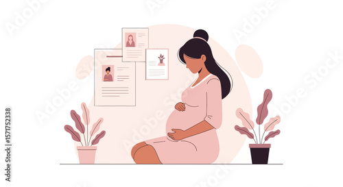 Elegant Expectant Mother In Soft Pink Tone Sitting Thoughtfully In Home Environment