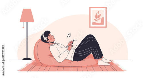 Relaxing At Home Man Listening Music On Beanbag Chair Illustration