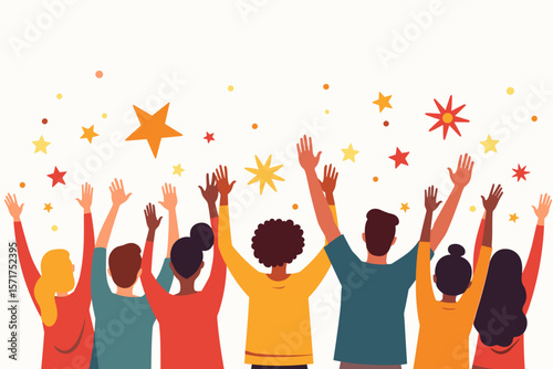 Diverse group of people celebrating with raised hands and stars in background
