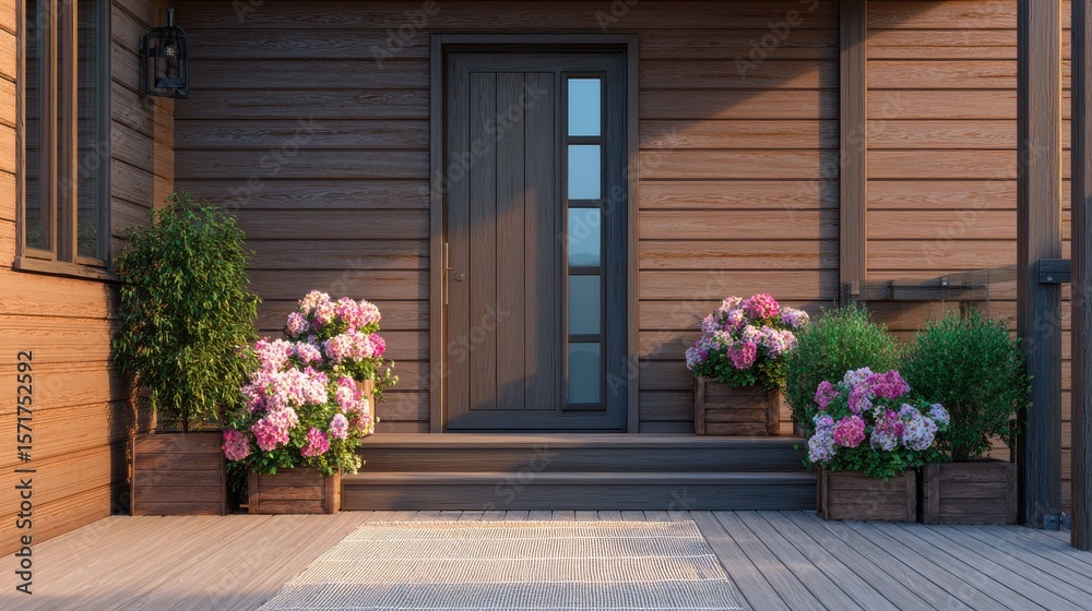 Fototapeta premium Modern home entrance with door, wooden siding, decorative flowers, and outdoor rug