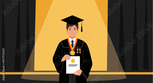 Man Graduation Celebrate Academic Achievement Ceremony Holding Diploma on Stage