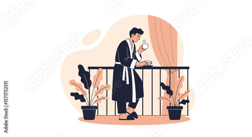 Relaxing Morning Routine Man Enjoying Coffee On Balcony Illustration