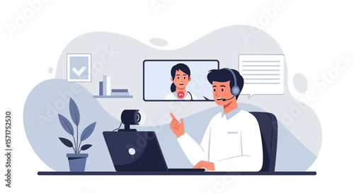 Man Having Video Conference with Doctor for Health Assistance on Computer