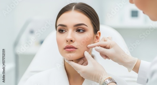 A womans face is examined during a cosmetic treatment at a clinic, focusing on beauty and skin care