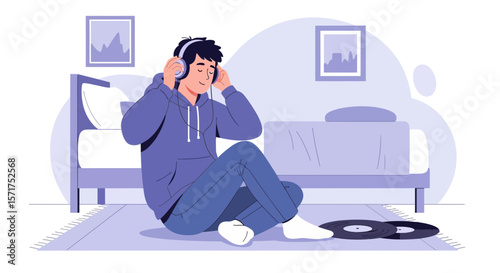 Relaxing Music Session: A Young Man Listens to Records At Home