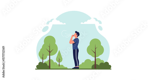Man In Nature Practices Breathing Technique For Mindfulness And Wellbeing