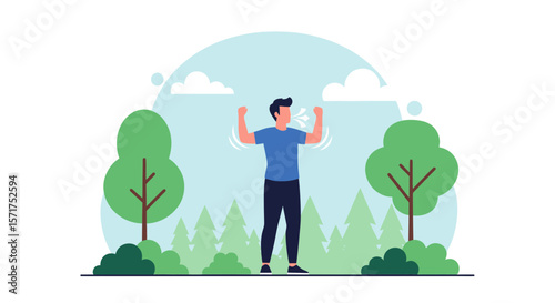 Man Inhale Fresh Air And Relaxing Outdoors Surrounded By Greenery Serene Escape