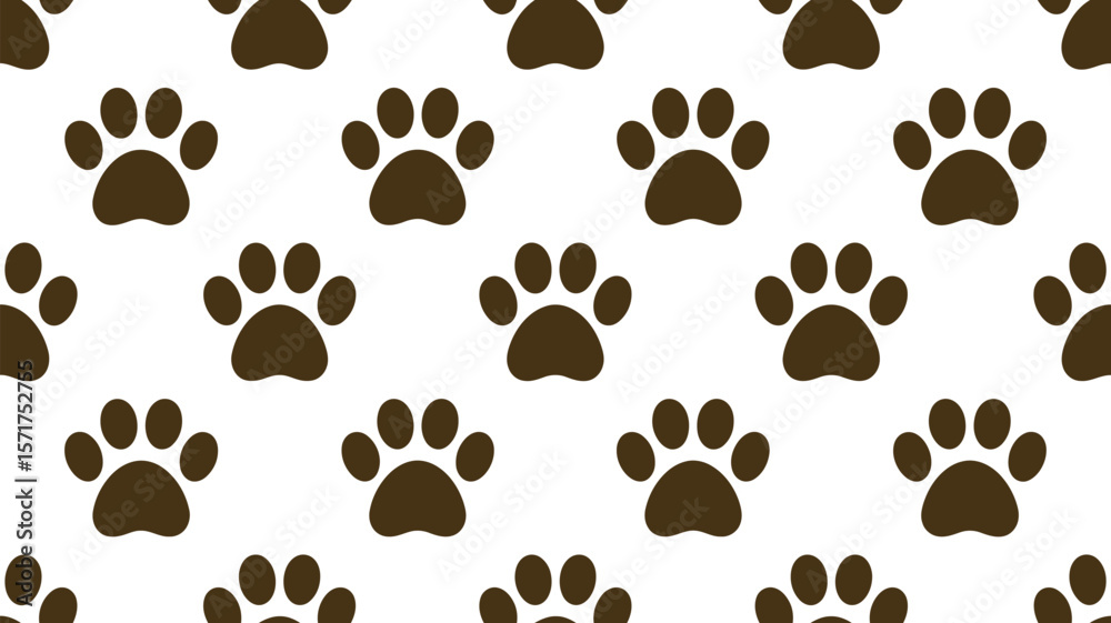 A repeating pattern of brown paw prints on a light beige background surface A repeating pattern of brown paw prints on a light beige background surface