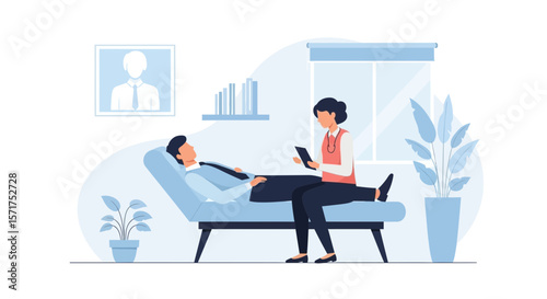 Man Lies On Couch During Session With Psychotherapist Inside Counseling Office