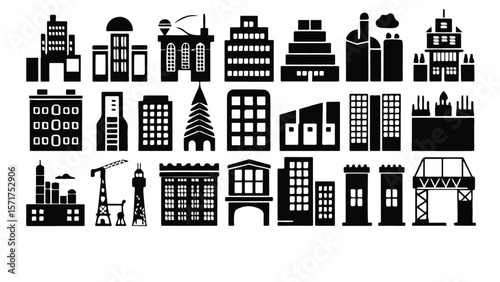 Black silhouette city buildings and structures architecture skyline