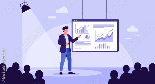 Business Presentation With Data Analysis On Stage To Investors And Partners