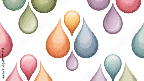 A pattern of various colored water droplet shapes on a white background surface