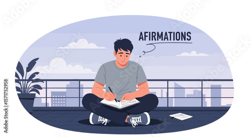 Man Practicing Affirmations And Writing In Journal On The Balcony At Home