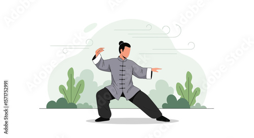 Man Practicing Tai Chi Martial Arts in Nature Serene Exercise