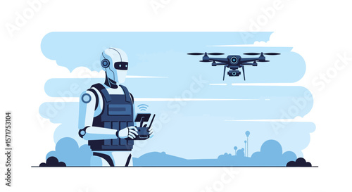 Robot Controlling Drone Technology In Sky With Remote Futuristic Innovation