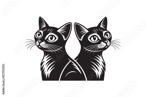 Cat Twin Head Vector Silhouette on white background.01