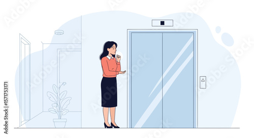 Businesswoman Waiting For The Elevator At The Office Building Modern Design
