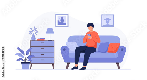 Man Relaxes On Sofa In Living Room Checking His Mobile Communication