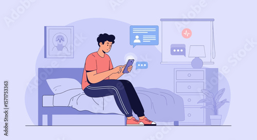 Man Relaxing On Bed And Using Phone For Communication And Social Media Interaction