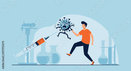 Man Running Away From Vaccine During Medical Research In The Laboratory