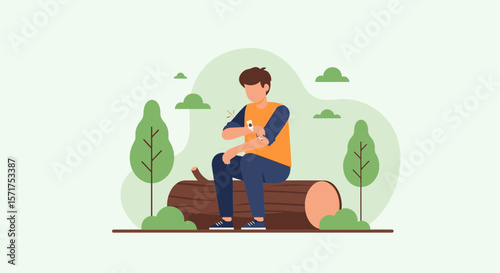 Man Sitting On Log Scratching An Insect Bite In A Forest Landscape