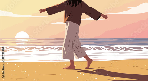 Carefree Woman Strolling Gracefully Along Sandy Beach At Sunset Serene Ocean Escape