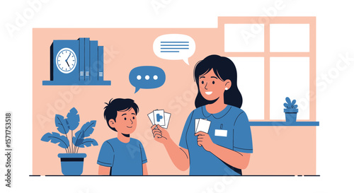 Engaging Learning Activity Where Woman Is Teaching A Child With Flashcards At Home