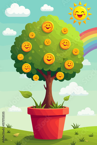 Happy tree with smiley faces and sun against rainbow in colorful landscape