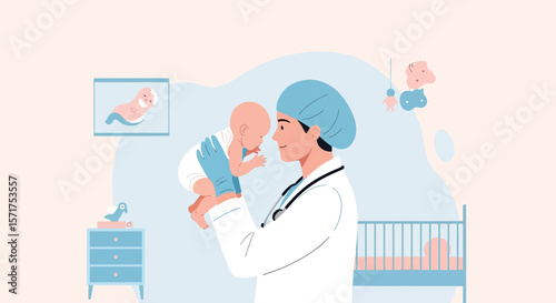 Caring Doctor Examines Newborn At Hospital In Gentle Nursery Ambiance
