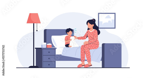 Caring Mother Checks Sick Son's Temperature At Home With Digital Thermometer