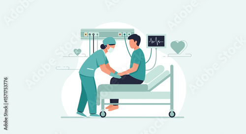 Caring Medical Professional Comforting Patient In Hospital Bed Near Monitoring Equipment