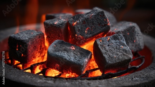 Charcoal briquettes ablaze in grill