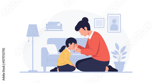 Caring Mother Helps Her Crying Daughter With A Bleeding Nose At Home