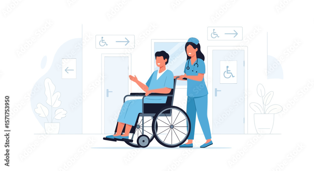 Caring Nurse Assists Patient in Wheelchair Through Hospital Corridor Illustration Caring Nurse Assists Patient in Wheelchair Through Hospital Corridor Illustration