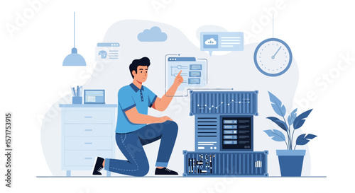 Engineer Configuring Cloud Servers Representing Data Centers And Networking