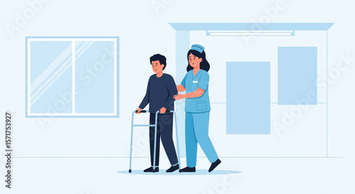 Caring Nurse Assists Patient With Walker During Recovery In Clinic